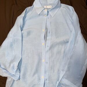Zara Men's Sky Blue linen Casual Button Down Shirt